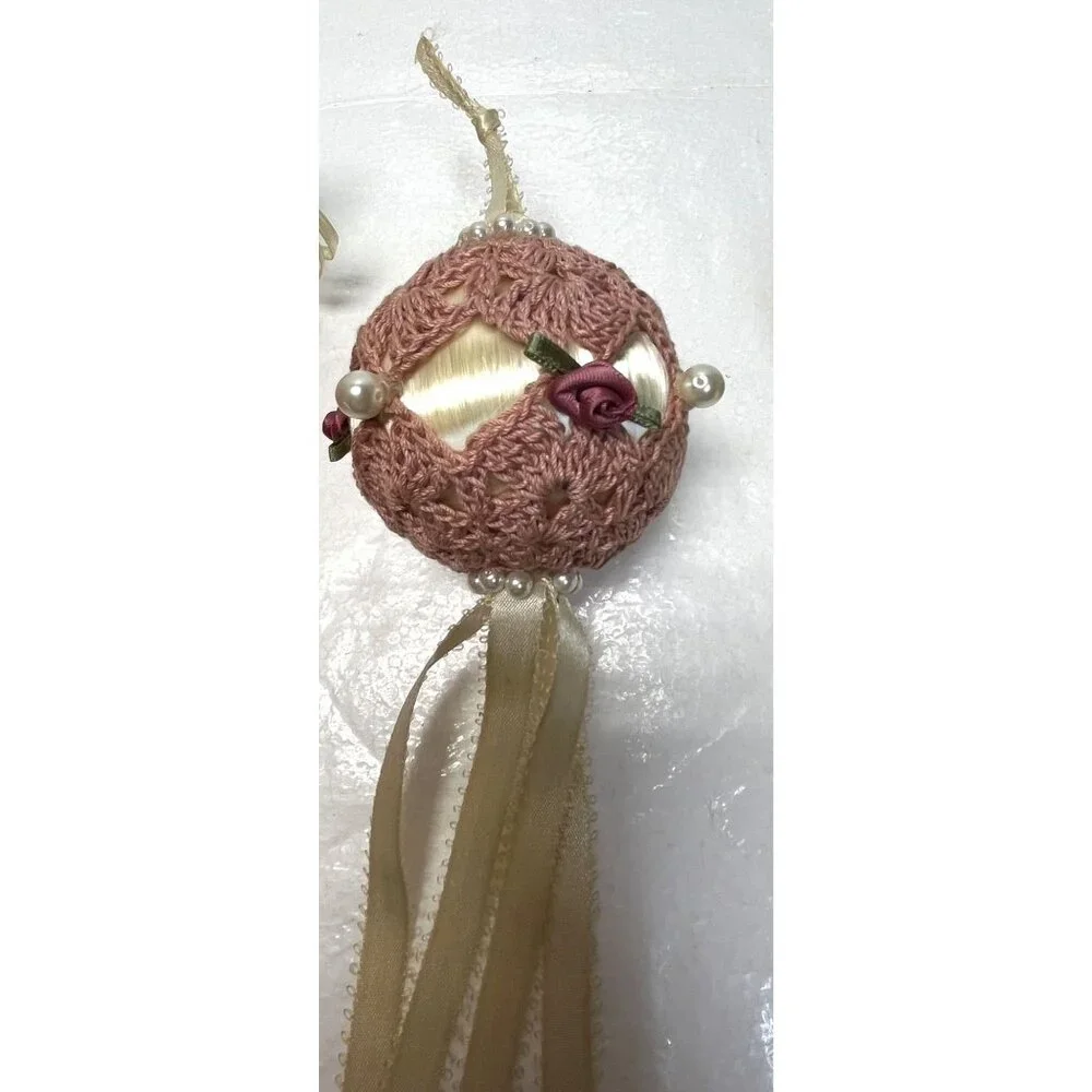 Set Of 4 Handmade Crochet Push Pin Ornaments With Ribbon Tassels  Beaded Accents